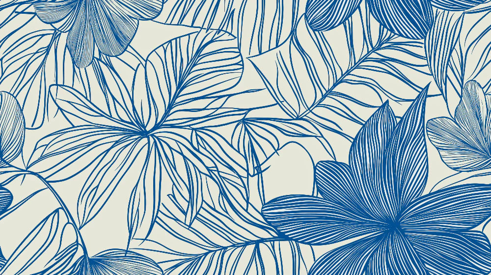 Close-up of botanical wallpaper design with elegant blue flowers and foliage pattern for minimalist living room decoration
