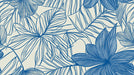 Close-up of botanical wallpaper design with elegant blue flowers and foliage pattern for minimalist living room decoration

