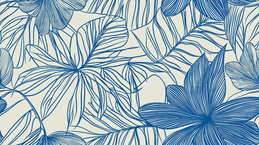 Close-up of botanical wallpaper design with elegant blue flowers and foliage pattern for minimalist living room decoration

