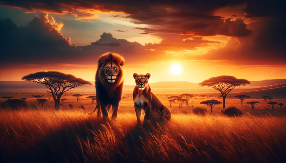 African Savannah Mural Wallpaper | Lion and Lioness with Sunset