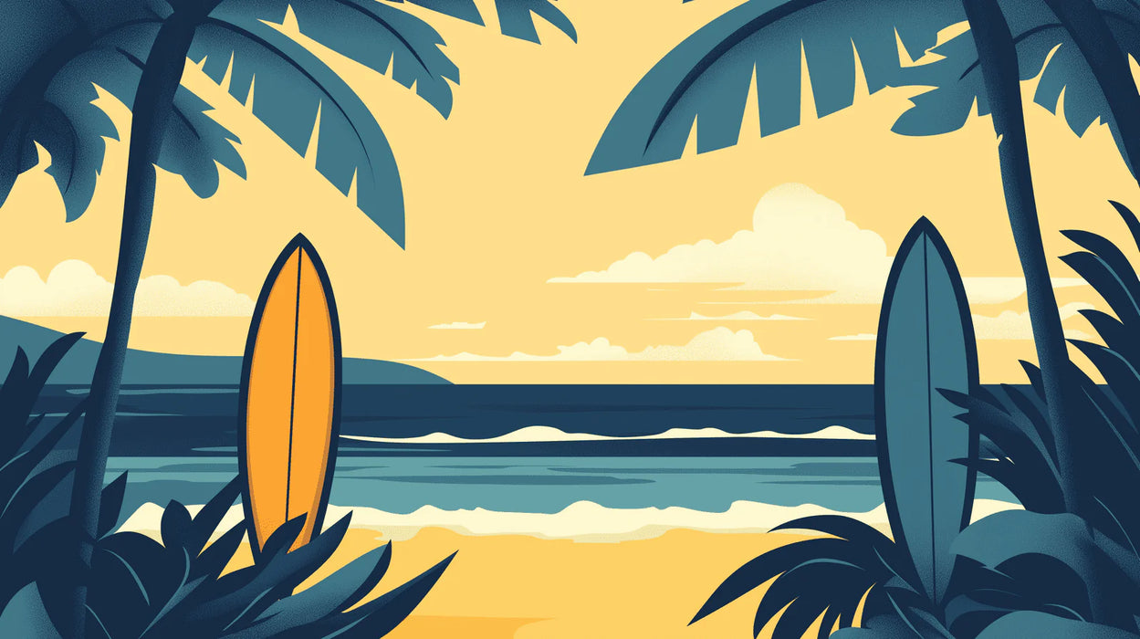 Mural Wallpaper beach | Surf and palm trees in tropical silhouette
