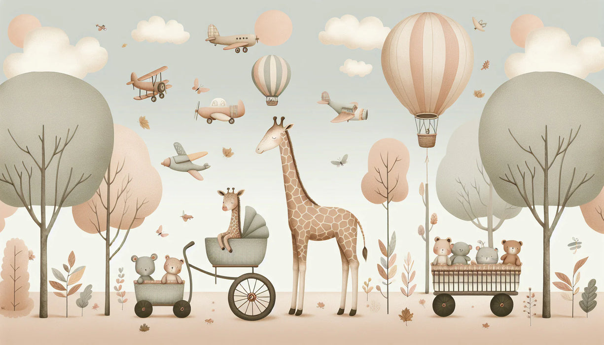 Hot Air Balloon Mural Wallpaper | Giraffes, Airplanes, and Forest for Children