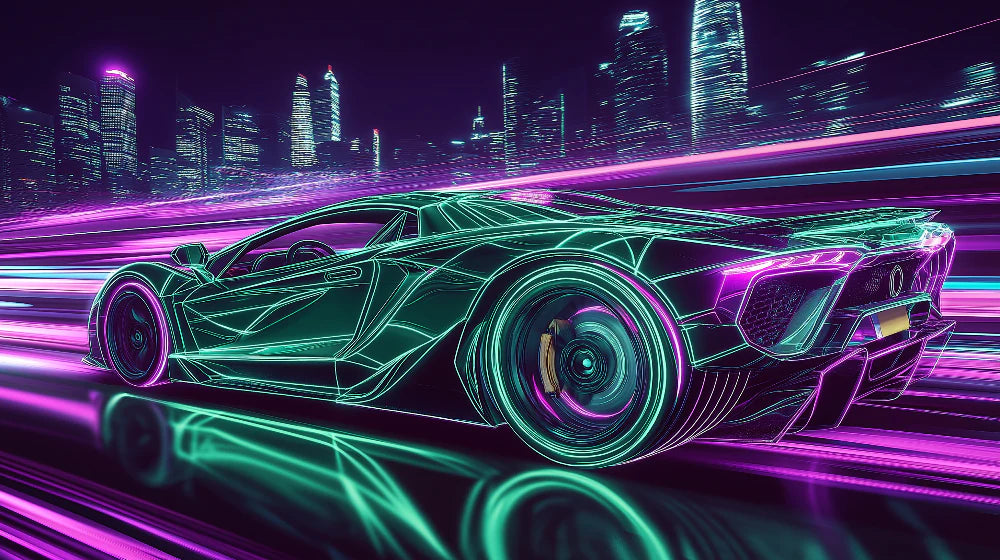 Mural Wallpaper futuristic car | Stylized car with vibrant neons in a nocturnal city