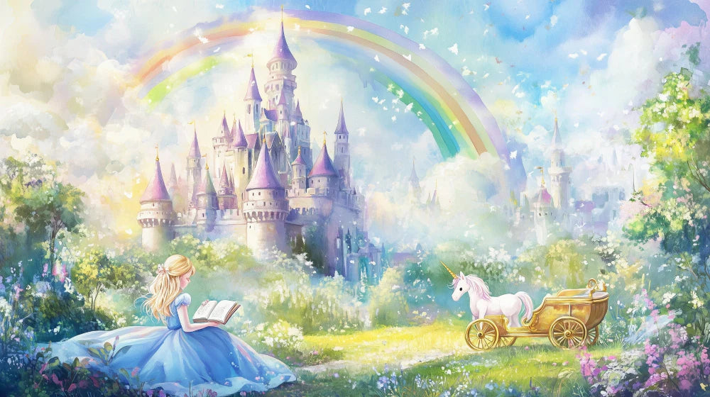 Mural Wallpaper fairy tales | Enchanted castle and unicorn