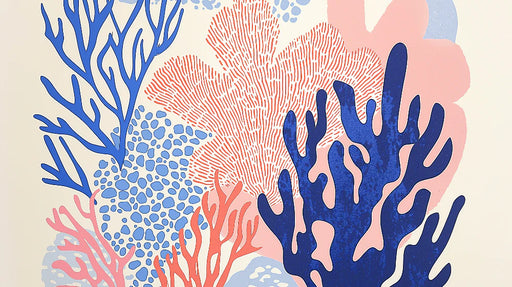 Close-up of vibrant coral wallpaper design with artistic underwater motifs in turquoise blue and soft pink tones
