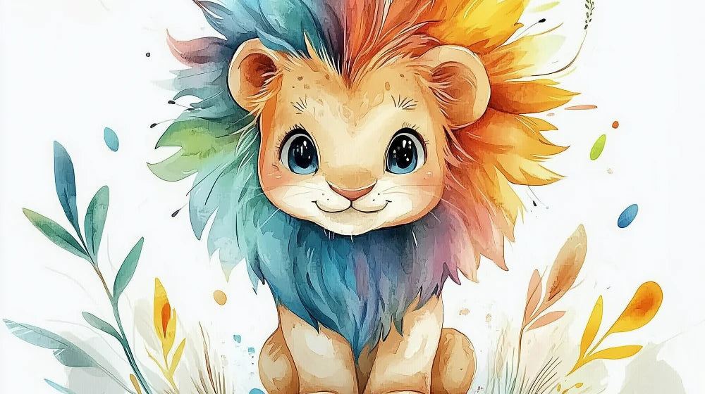 Close-up of playful rainbow lion wallpaper design with bright colors and whimsical floral elements for kids room decor
