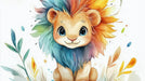 Close-up of playful rainbow lion wallpaper design with bright colors and whimsical floral elements for kids room decor
