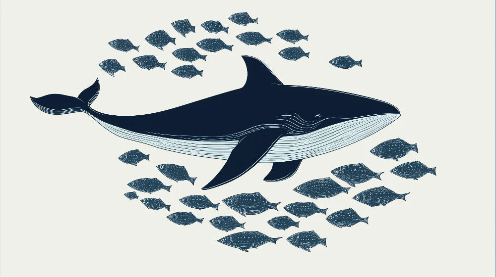 Mural Wallpaper whale | Illustration of a whale swimming among stylized fish