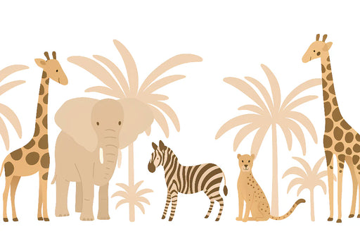 Panoramic view of savannah animals wallpaper with elegant wild animals in soft tones for nursery decor
