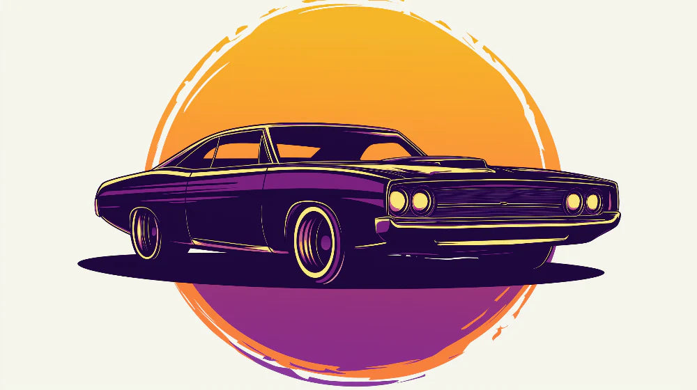 Mural Wallpaper classic car | Retro muscle car design with sunset