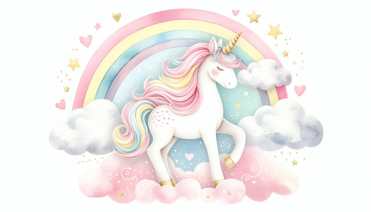 Unicorn Mural Wallpaper | Drawing of a Rainbow Unicorn with Clouds