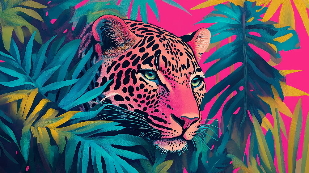 Mural Wallpaper leopard | A vibrant leopard in a colorful tropical jungle
