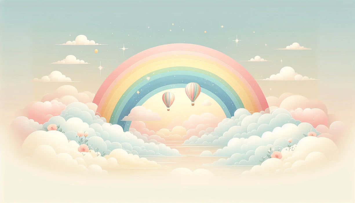 Rainbow Mural Wallpaper | Hot Air Balloons, Clouds on Pastel Background
