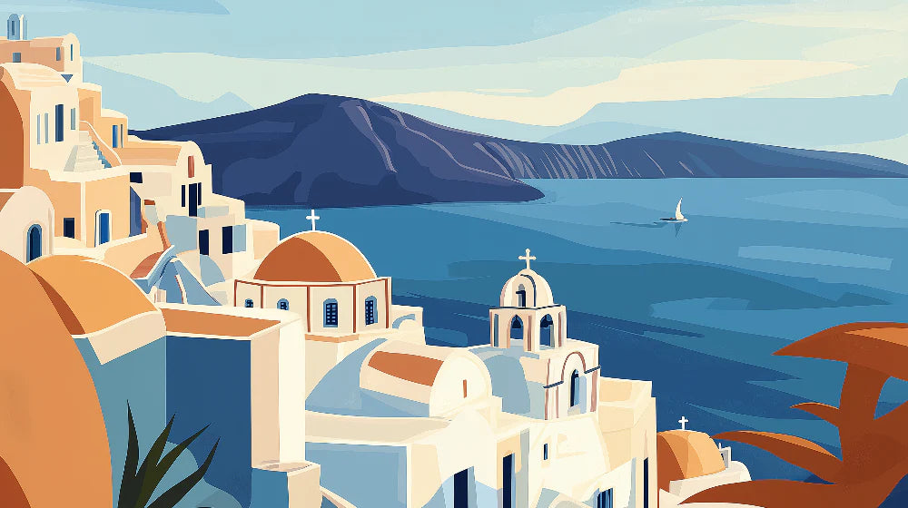 Mural Wallpaper Santorini | Illustrated view of white houses and the Aegean Sea