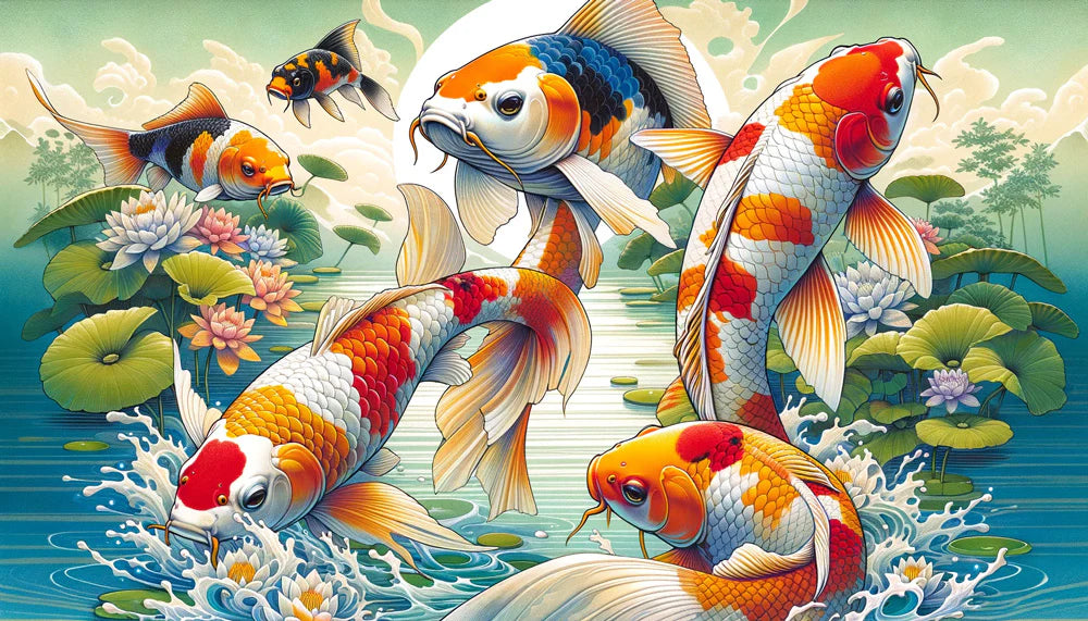Japanese Fish Mural Wallpaper | Koi Carp, Lotus, and Sunset