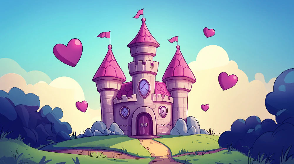 Mural Wallpaper fairy tale castle | Romantic castle with floating hearts