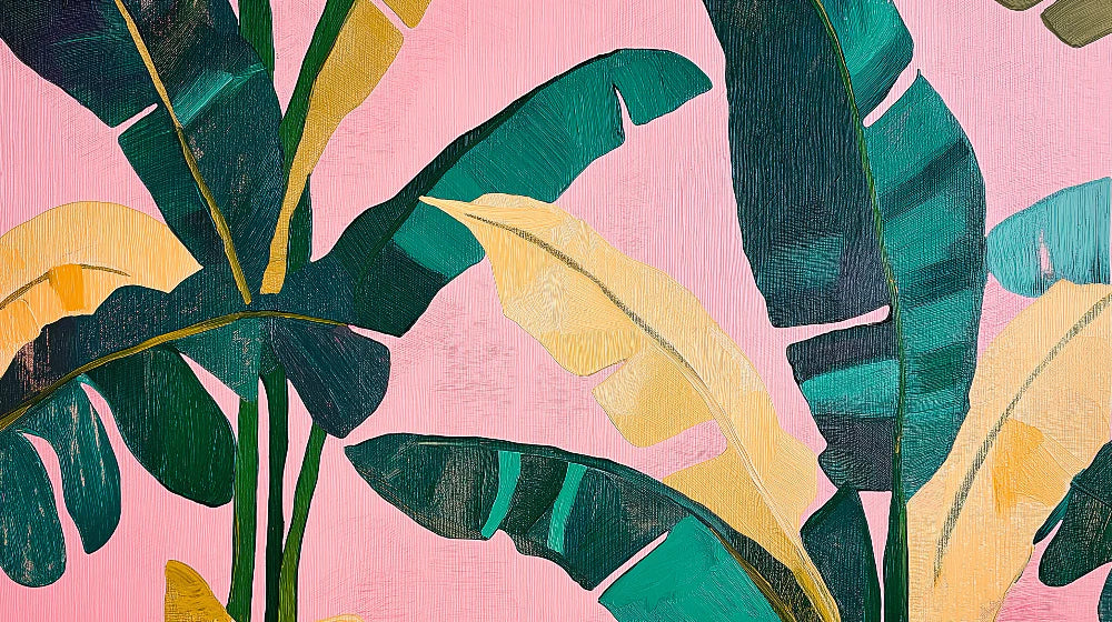 Mural Wallpaper tropical | Exotic leaves on pink background