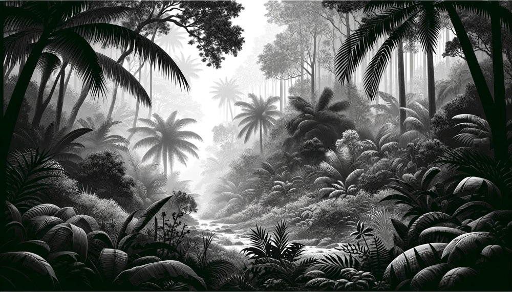 Black and White Jungle Mural Wallpaper | Palm Trees and River