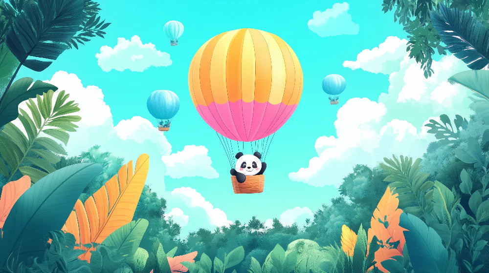 Mural Wallpaper panda hot air balloon | Adventure in the skies