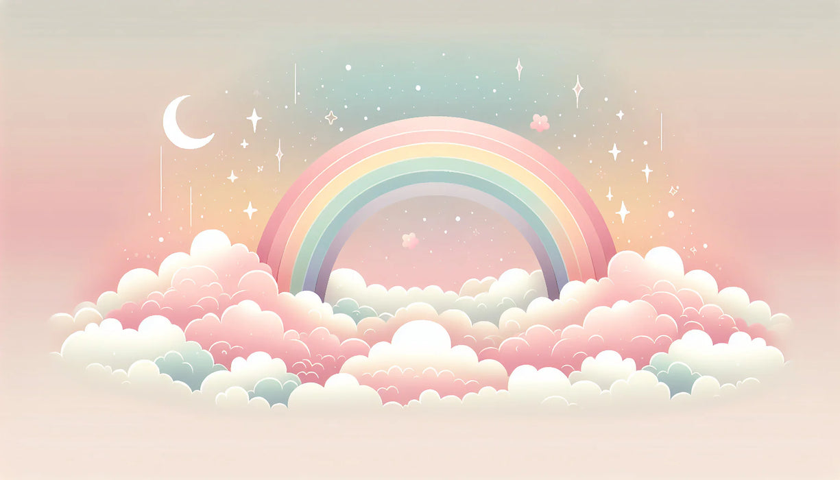 Rainbow Mural Wallpaper | Pink Clouds, Stars, Rainbow Crescent Moon
