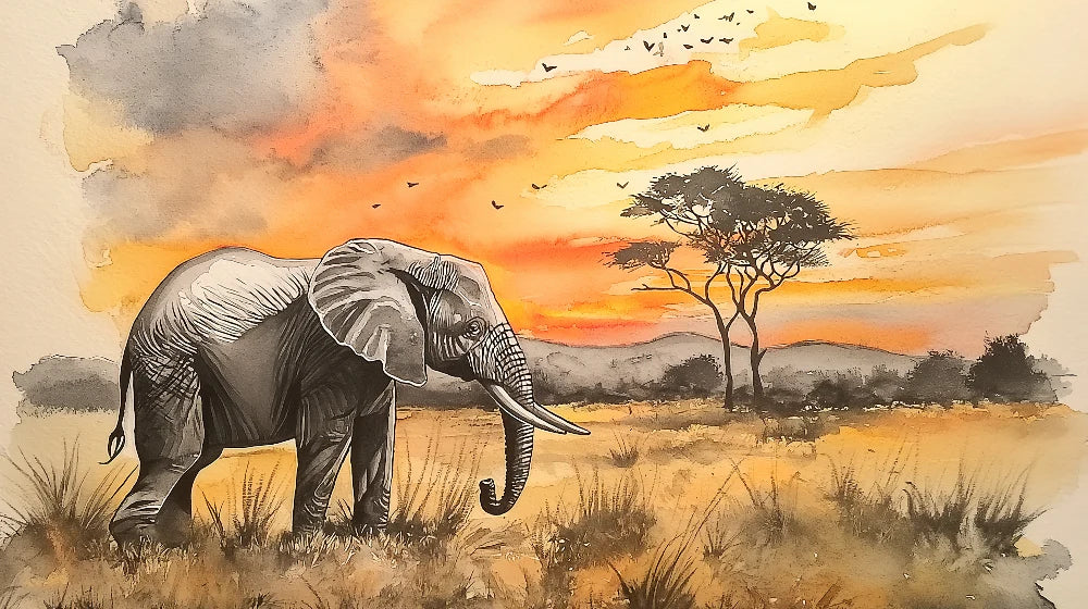 Mural Wallpaper elephant | African landscape at sunset