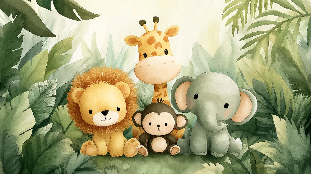 Close-up of cute jungle animal wallpaper design with soft plush-style characters in lush tropical foliage for kids room decor
