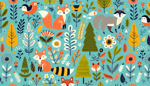 Close-up of colorful forest animal wallpaper design with cheerful foxes and diverse plant life for kids room decor
