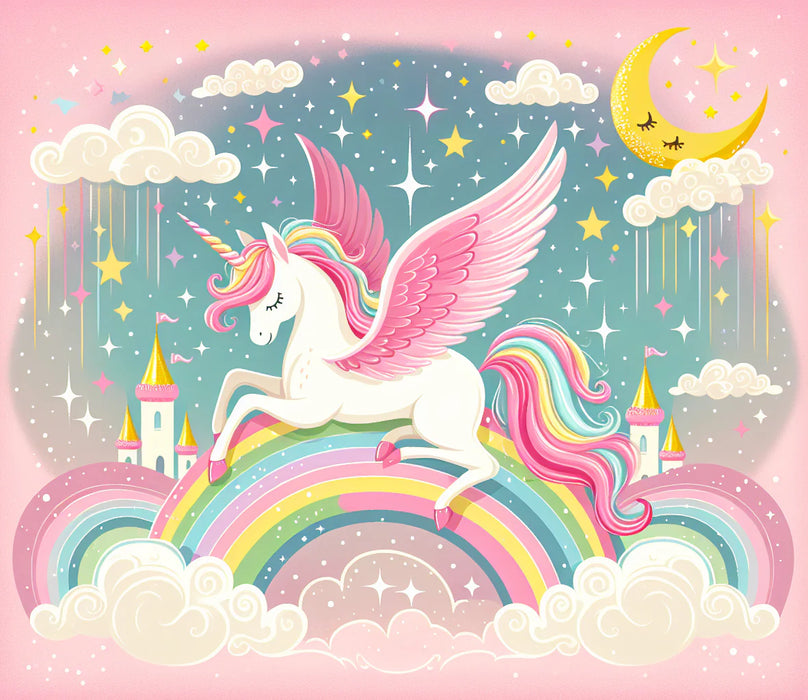 Rainbow Mural Wallpaper | Unicorn and Cloud on Pink Background