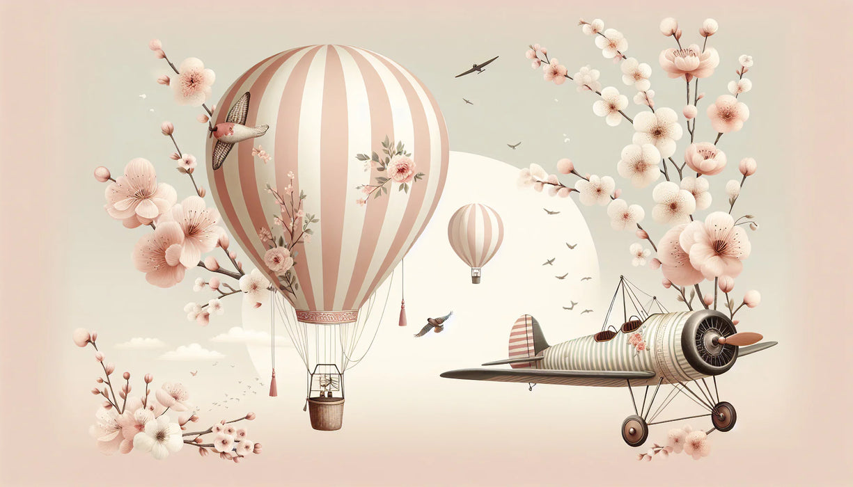 Hot Air Balloon Mural Wallpaper | Pink Cherry Blossom Branches, Airplanes, Striped Balloons