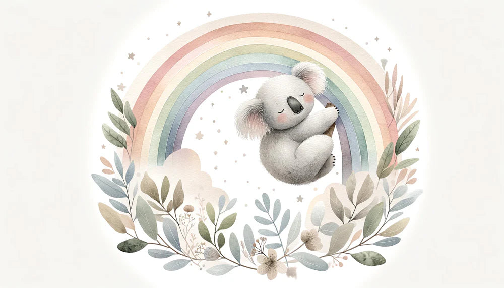 Child koala Mural Wallpaper | Pastel watercolor rainbow