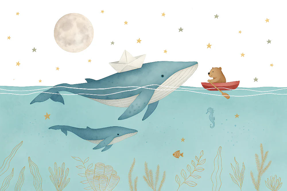 Mural Wallpaper marine animals | Whales and bear cubs kayaking under the moon