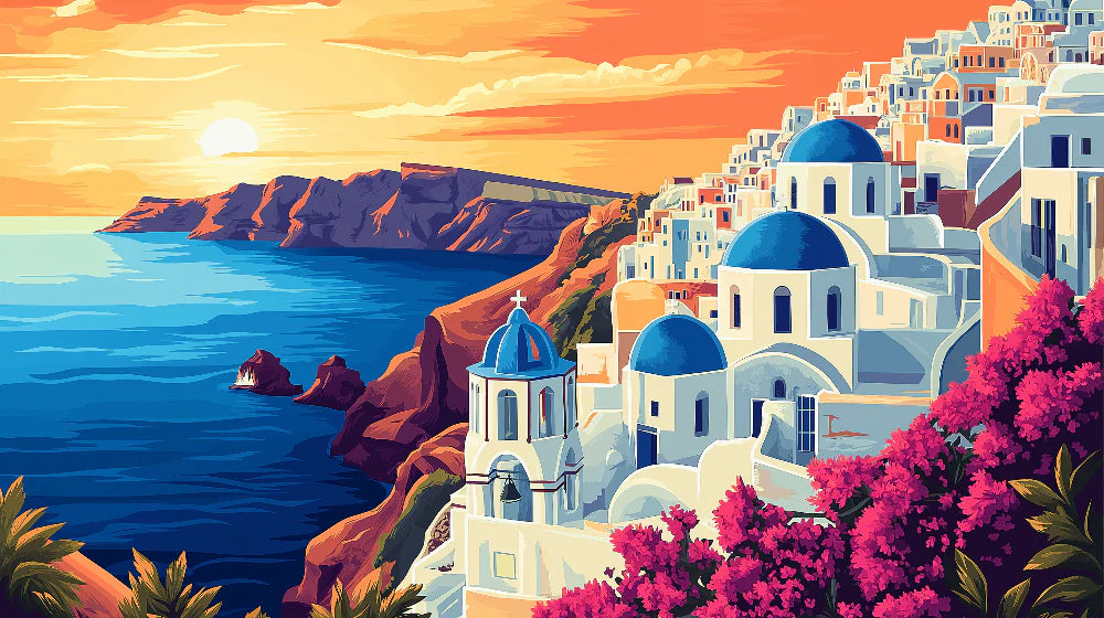 Mural Wallpaper Santorini | Sunset on the white houses and blue domes