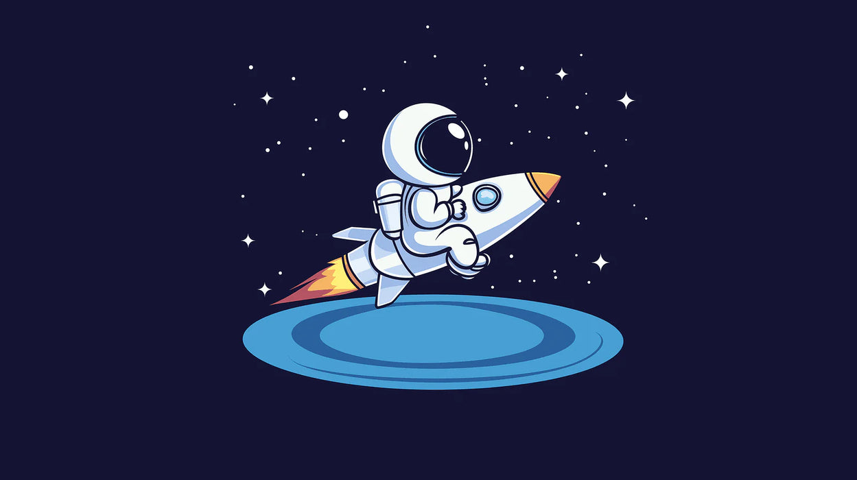 Mural Wallpaper astronaut | Playful astronaut traveling on a colorful rocket