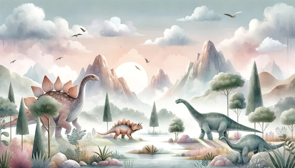 Dinosaur Mural Wallpaper | Mountain Valley with River