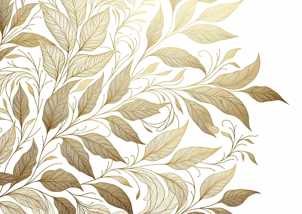 White and Gold Mural Wallpaper | Golden Leaves on a White Background