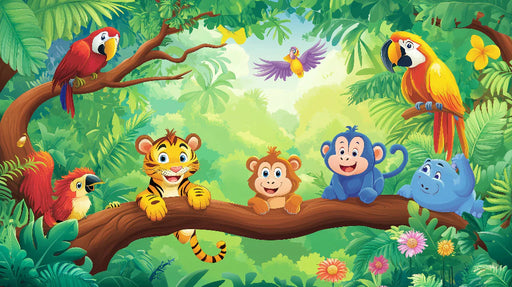 Vibrant kids room wallpaper with joyful jungle animals and lush foliage