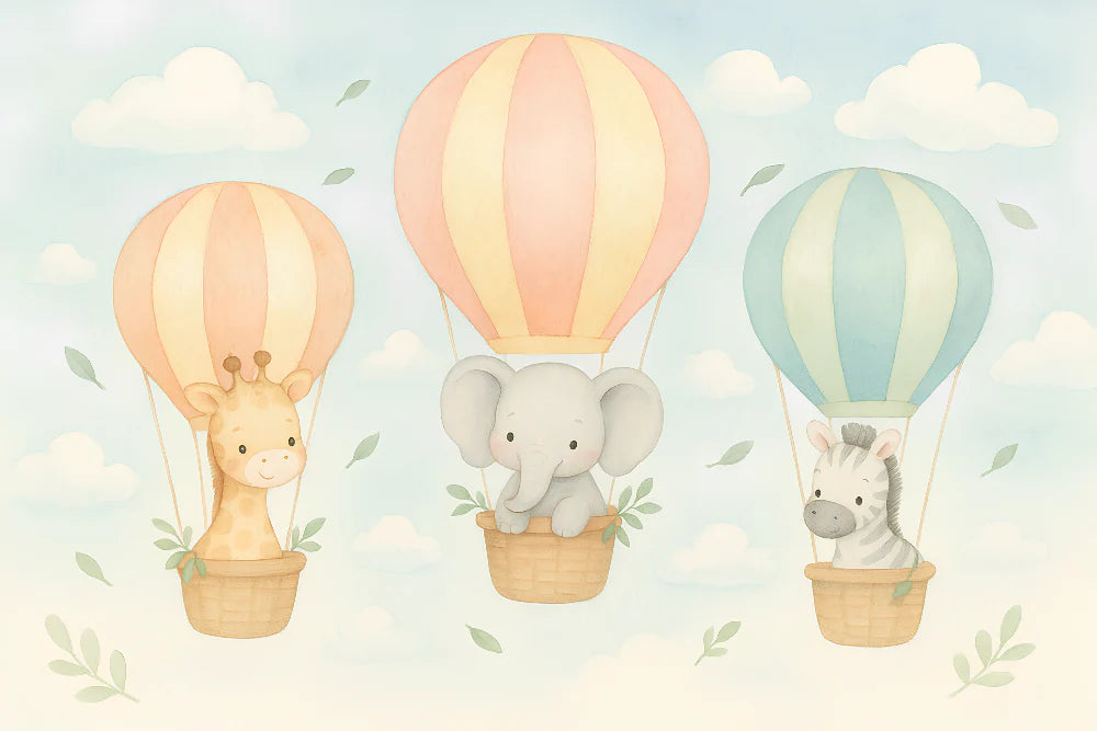 Mural Wallpaper animals in hot air balloon | Adorable colorful animals flying in the sky