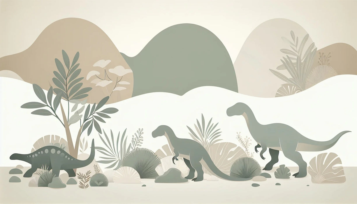 Dinosaur Mural Wallpaper | Green Silhouettes on a White and Neutral Background