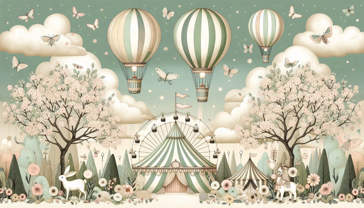 Children's Bedroom Mural Wallpaper | Circus with Hot Air Balloons, Butterflies, and Imaginary Animals