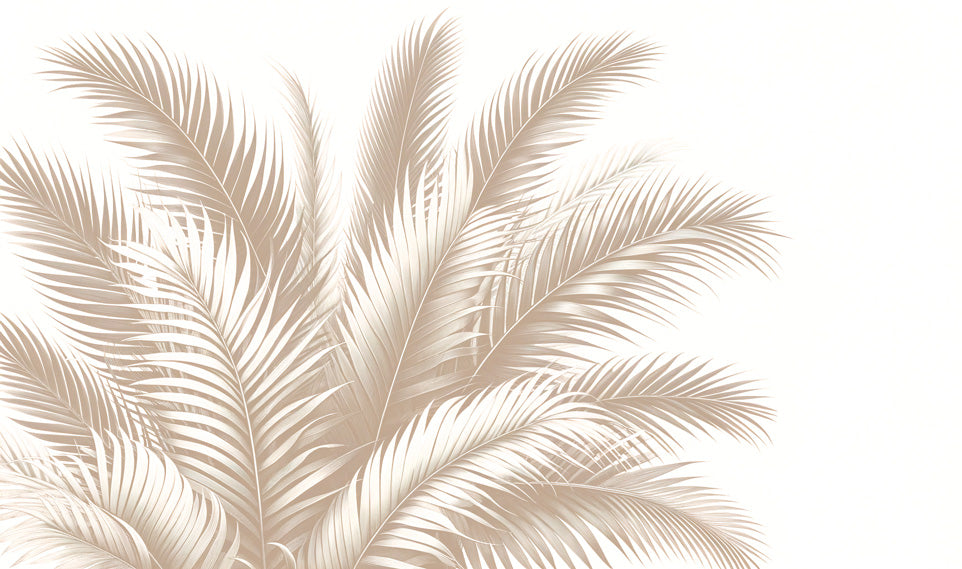 Close-up of tropical palm leaf wallpaper design with stylized beige and cream foliage pattern for minimalist decor
