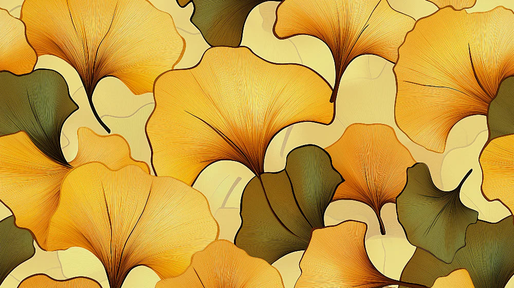 Mural Wallpaper gingko | Pattern of golden and green leaves