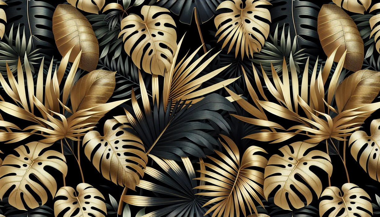 Black and Gold Mural Wallpaper | Monstera and Black and Gold Palm Leaf