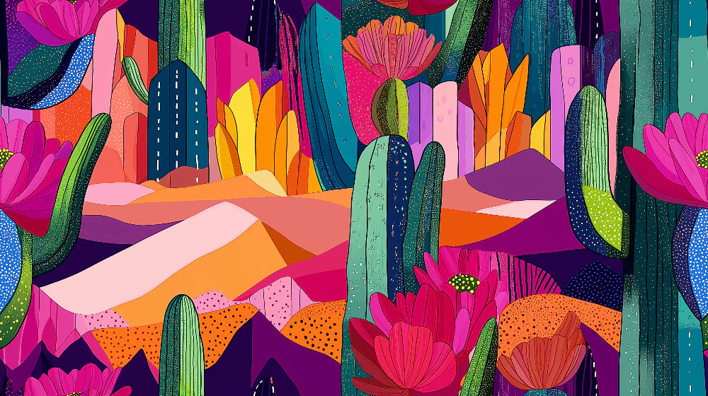 Mural Wallpaper colorful cactus | Vibrant and artistic desert pattern