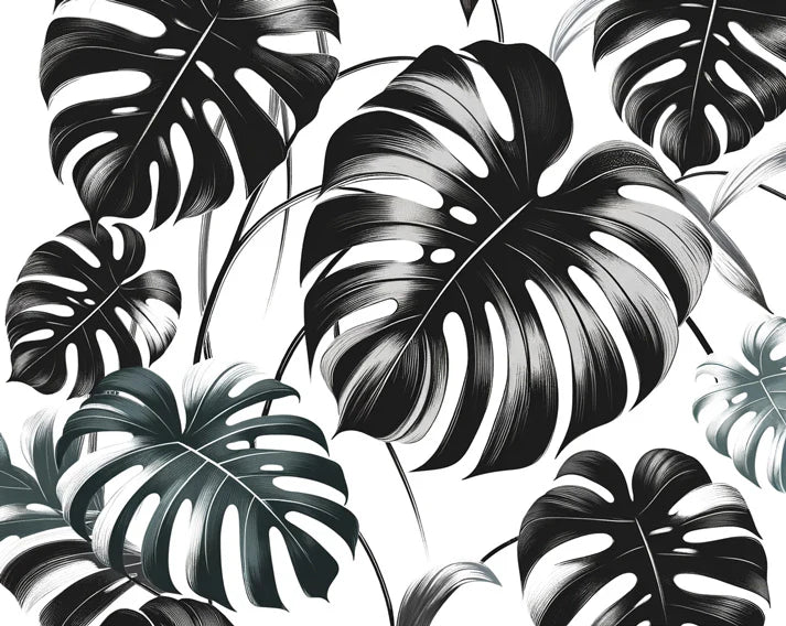 Black and White Foliage Mural Wallpaper | Black Monstera Leaves on Light Background