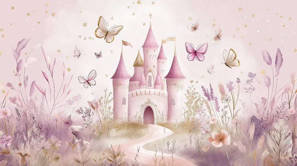 Mural Wallpaper fairy tale castle | An enchanted world with a pink castle and butterflies