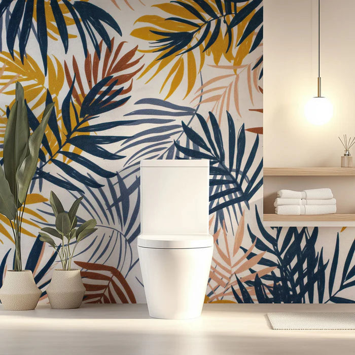 Mural Wallpaper toilet | Colorful palm pattern in blue, ochre, and terracotta