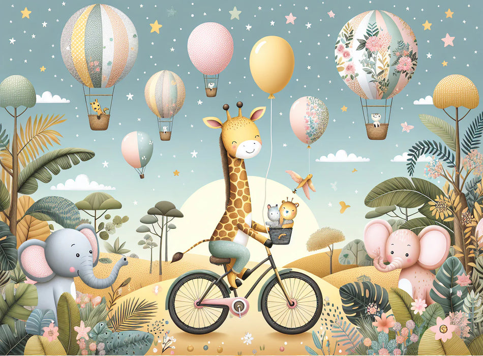 Hot Air Balloon Mural Wallpaper | Giraffe, Elephant in the Tropical Jungle