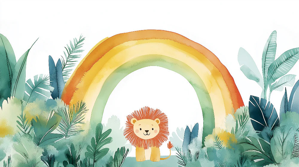 Mural Wallpaper lion | Cute lion under a colorful rainbow