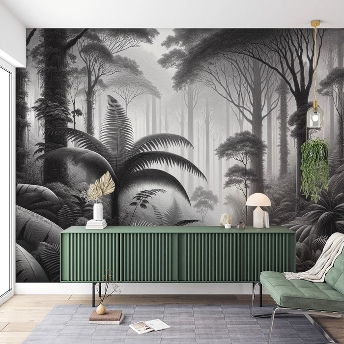 Jungle Mural Wallpaper | Black and White Tropical Forest with Ferns and Ancient Trees