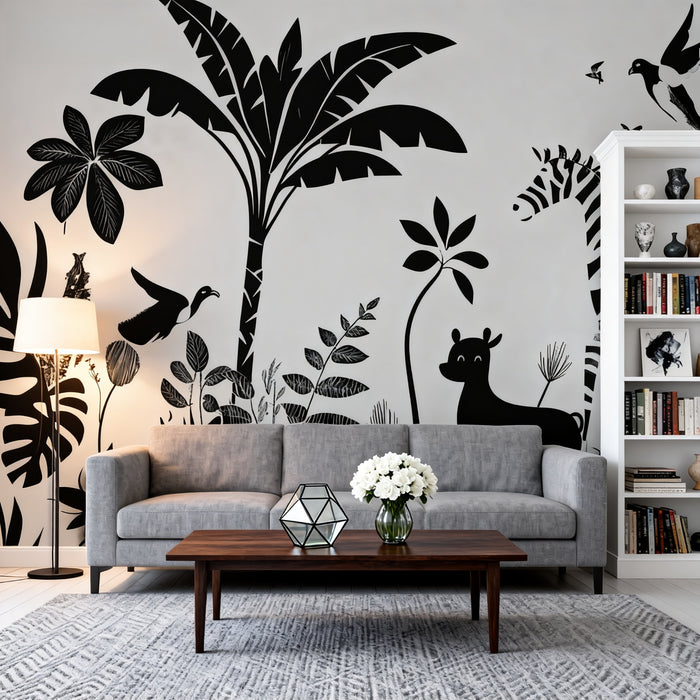 Mural Wallpaper jungle black and white | Graphic design with animal motifs